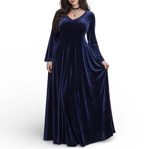 Vintage Navy Blue Velvet Maxi Dress Plus Size 16W V-Neck Long Sleeve Whimsygoth